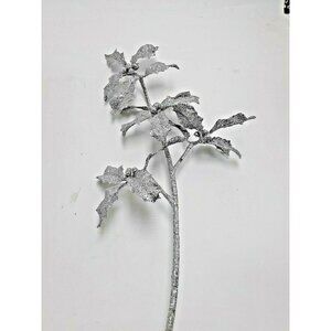 Vintage Holly Floral Branch Silver Glitter Stems Artificial NOS